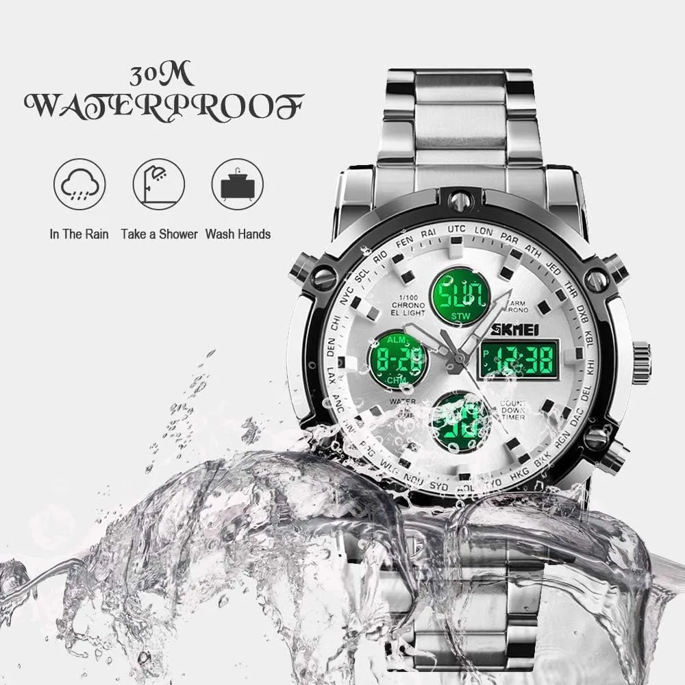 Multifunctional Wristwatch with Stopwatch Alarm LED Backlight MASTOP Luxury Stainless Steel Analog Digital Watch 50M Waterproof Sports Watch Dual-Display springboard horseback Dual Time Quartz 