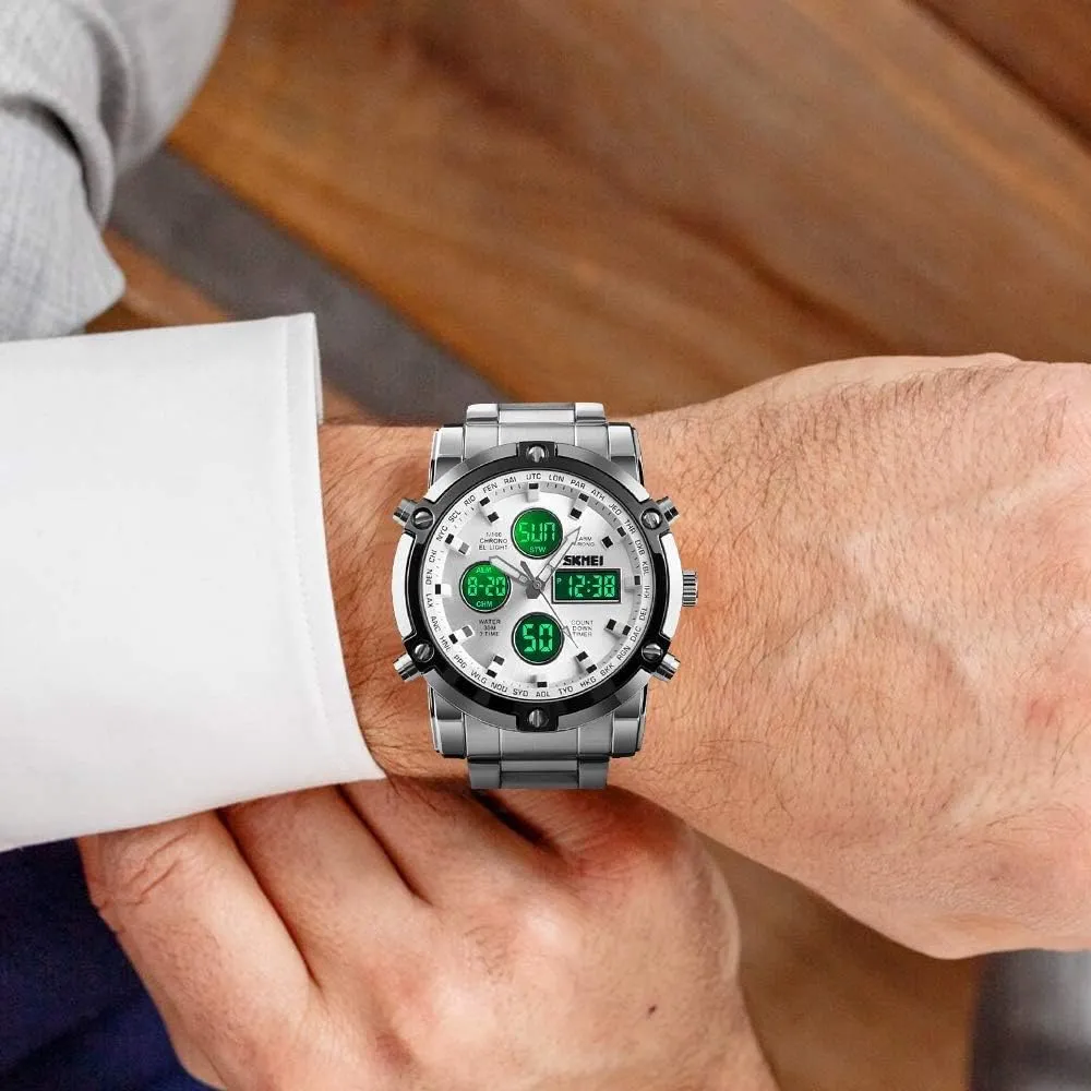 Multifunctional Wristwatch with Stopwatch Alarm LED Backlight MASTOP Luxury Stainless Steel Analog Digital Watch 50M Waterproof Sports Watch Dual-Display springboard horseback Dual Time Quartz 