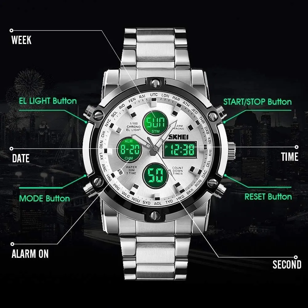 Multifunctional Wristwatch with Stopwatch Alarm LED Backlight MASTOP Luxury Stainless Steel Analog Digital Watch 50M Waterproof Sports Watch Dual-Display springboard horseback Dual Time Quartz 