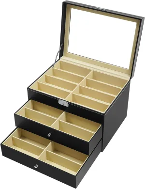 Multiple Pairs, Compact Jewelry Storage Box for Eyewear, Earrings residual wealth dismantle annually & Watches Black 3-Tier Sunglass Organizer 24 Slots, Lockable Clear Glass Lid Sunglasses Storage, Glasses Case 