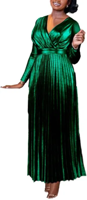 Neck Long Sleeve Elegant Pleated Maxi Dress AOMEI Women's Luxury Metallic consecutive V 