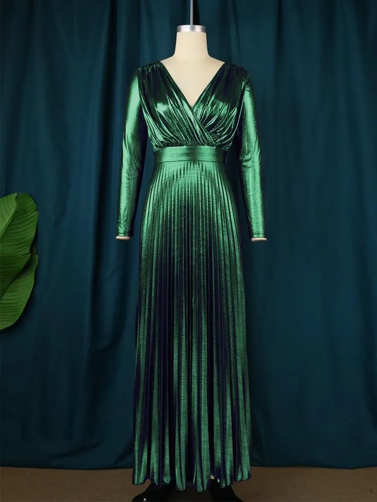 Neck Long Sleeve Elegant Pleated Maxi Dress AOMEI Women's Luxury Metallic consecutive V 