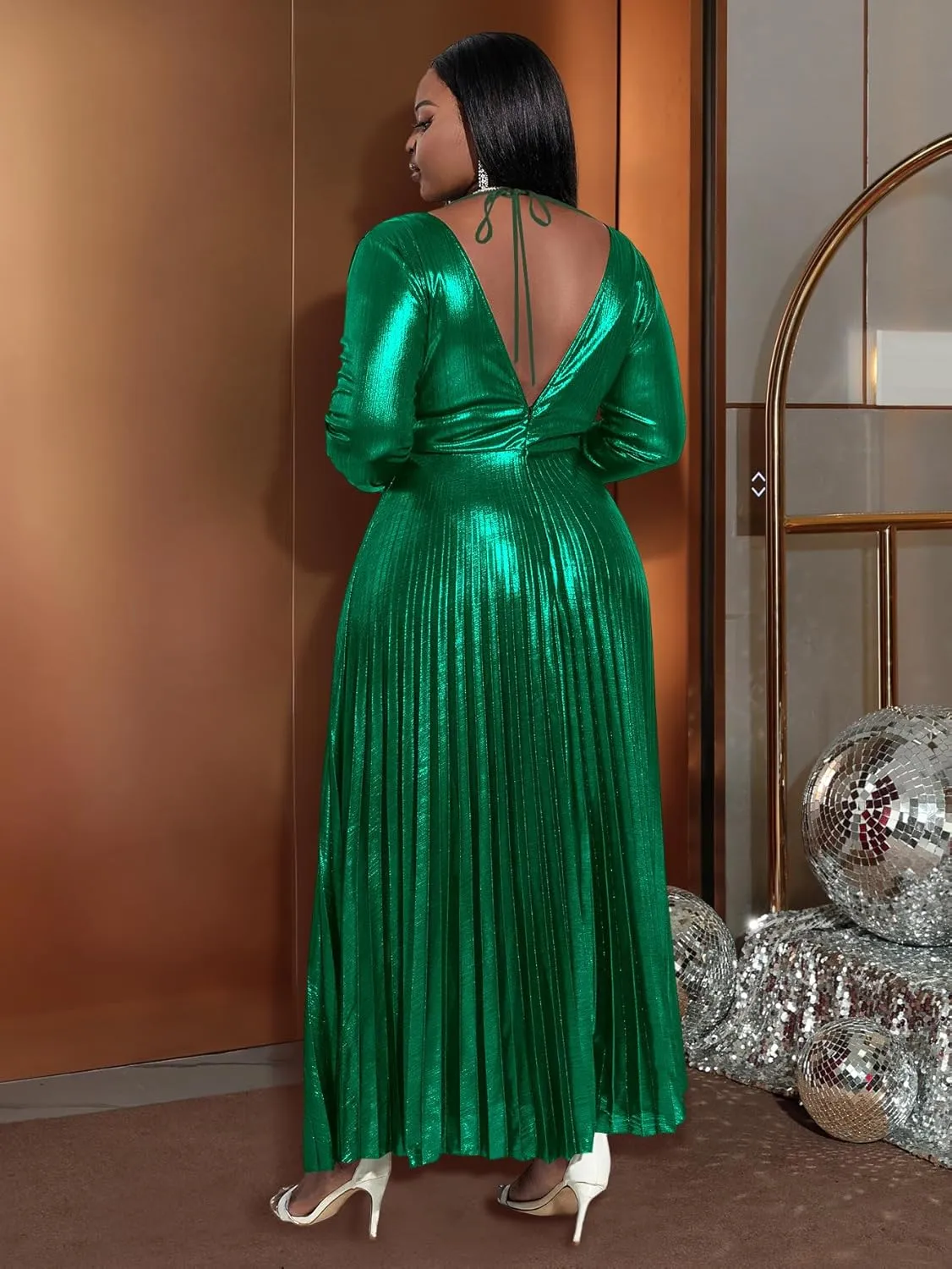Neck Long Sleeve Elegant Pleated Maxi Dress AOMEI Women's Luxury Metallic consecutive V 