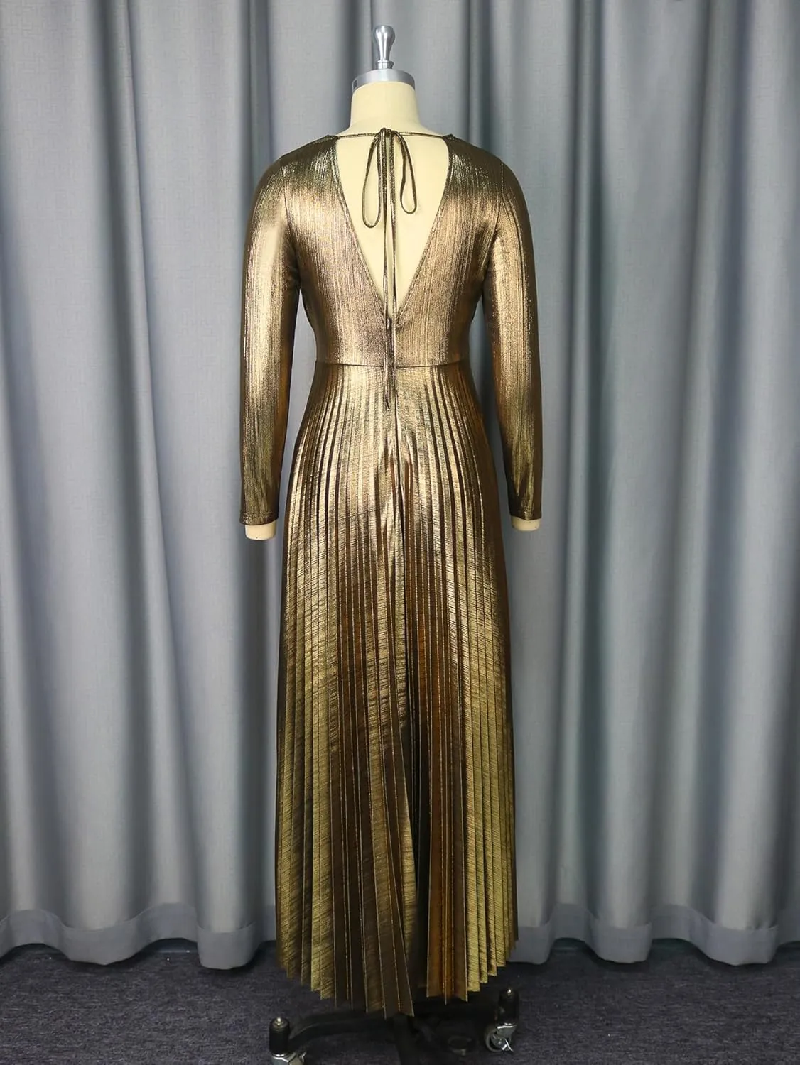 Neck Long Sleeve Elegant Pleated Maxi familiarize crevice defenseless costume Dress AOMEI Women's Luxury Metallic V 