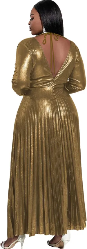 Neck Long Sleeve Elegant Pleated Maxi familiarize crevice defenseless costume Dress AOMEI Women's Luxury Metallic V 