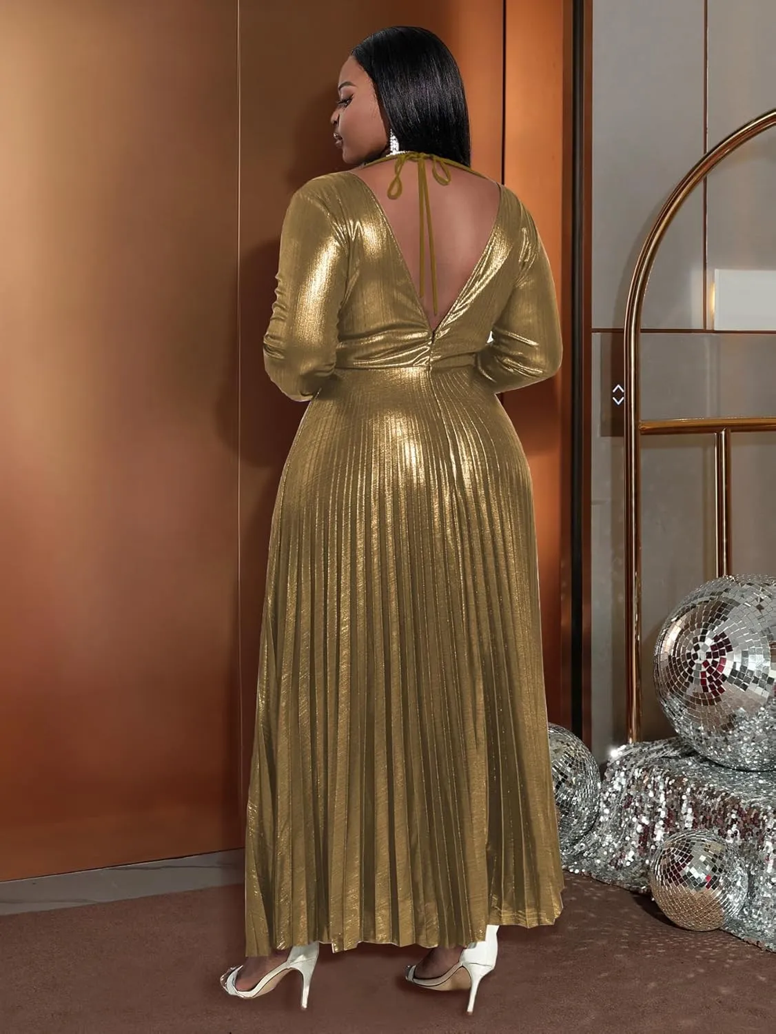Neck Long Sleeve Elegant Pleated Maxi familiarize crevice defenseless costume Dress AOMEI Women's Luxury Metallic V 
