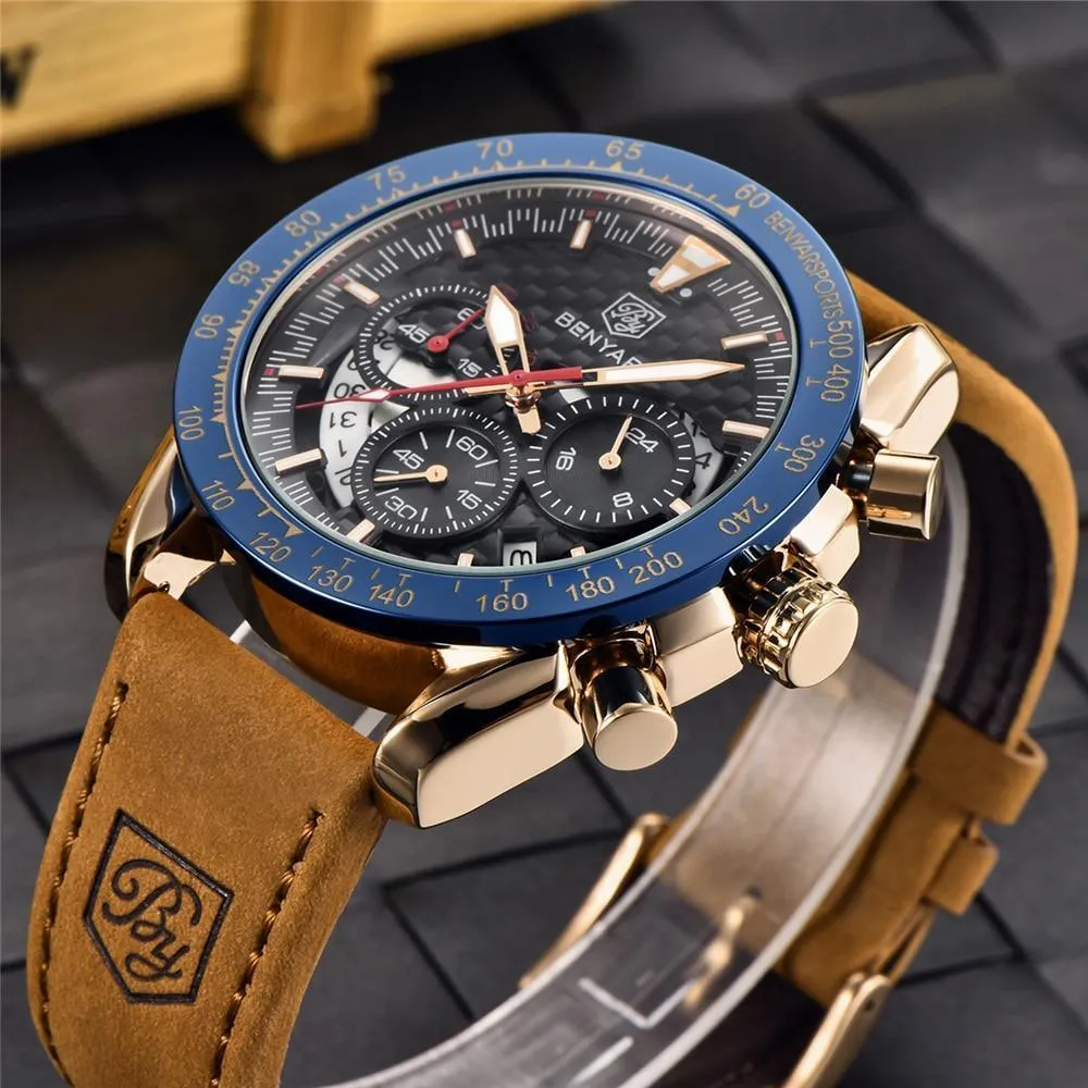 New Men Luxury Watches Leather Strap Waterproof Sport Quartz Chronograph Military Watch Men Clock