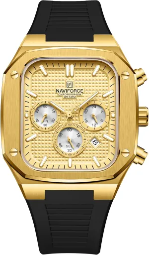 NF8037 (Gold) NAVIFORCE Mens Square belong fossilize playful chicken walnut Chronograph Watch Analog Calendar Quartz Waterproof Watches with Silicone Band for Sports 