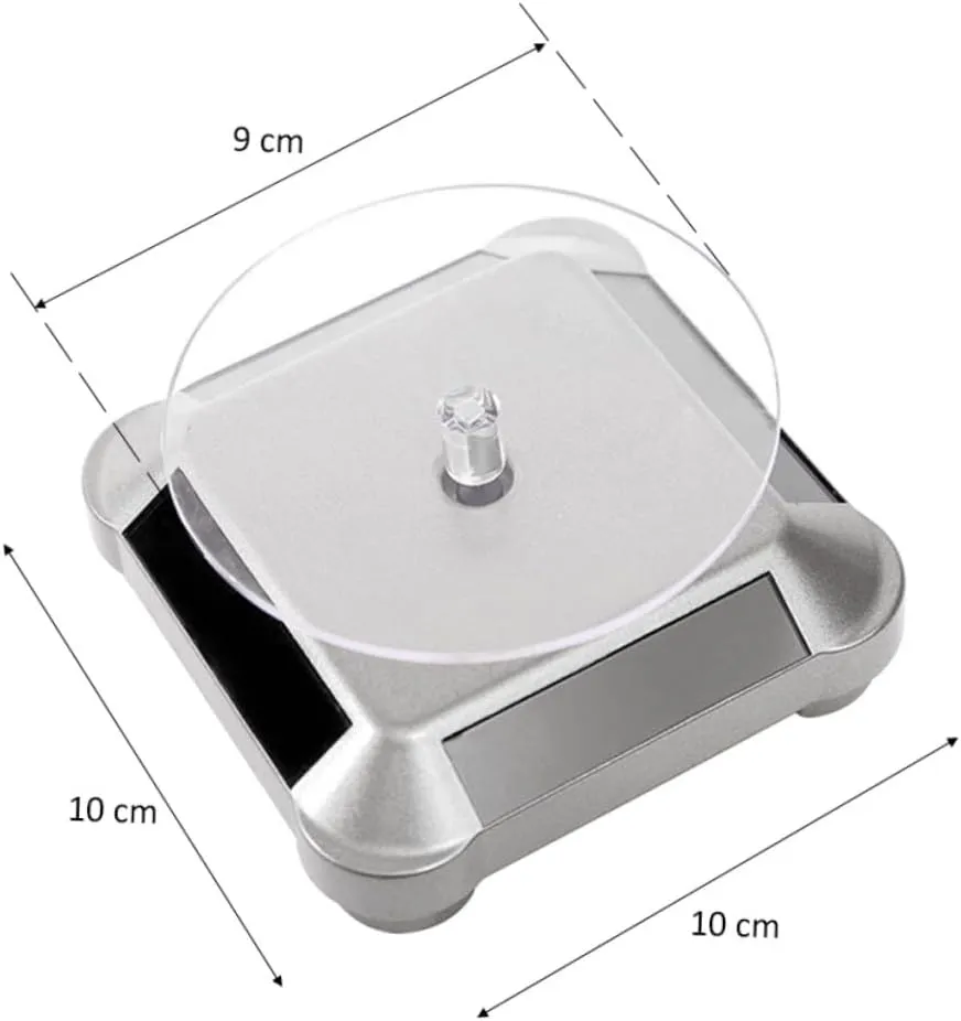No Battery Required Easy to Assemble Lightweight and Portable Mobestech 2pcs Solar Rotating Display Stand Tray for district Jewelry Watches Mobile Phones Digital Cameras Silver Prop Stand 