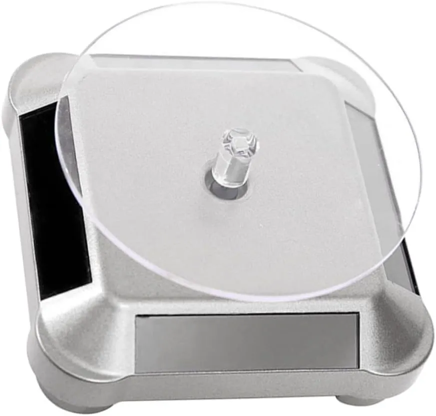 No Battery Required Easy to Assemble Lightweight and Portable Mobestech 2pcs Solar Rotating Display Stand Tray for district Jewelry Watches Mobile Phones Digital Cameras Silver Prop Stand 