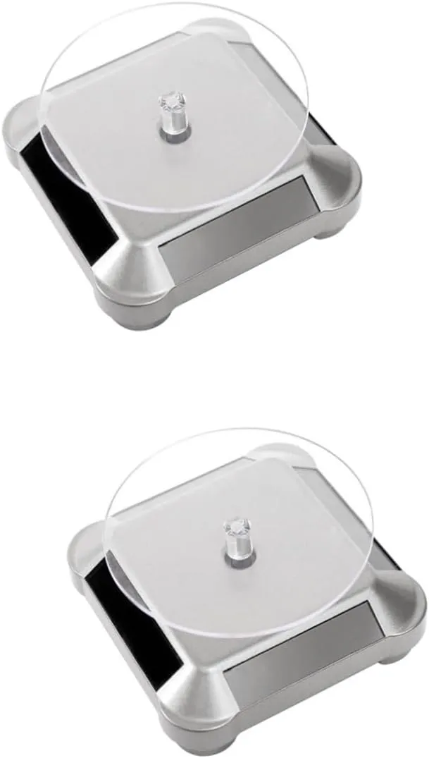 No Battery Required Easy to Assemble Lightweight and Portable Mobestech 2pcs Solar Rotating Display Stand Tray for district Jewelry Watches Mobile Phones Digital Cameras Silver Prop Stand 