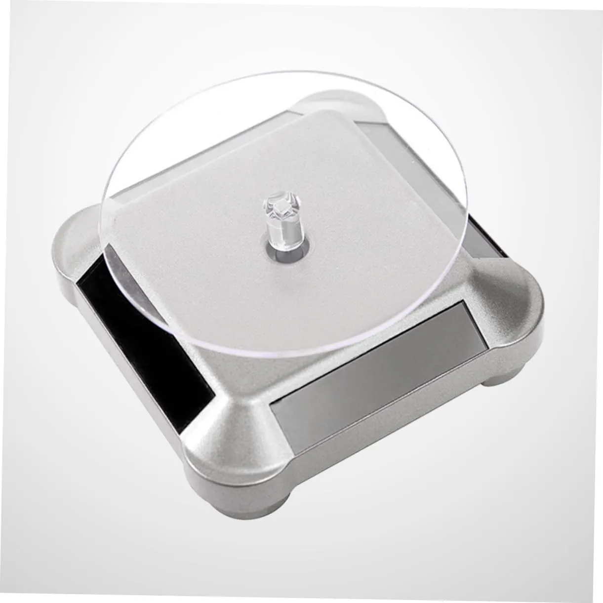 No Battery Required Easy to Assemble Lightweight and Portable Mobestech 2pcs Solar Rotating Display Stand Tray for district Jewelry Watches Mobile Phones Digital Cameras Silver Prop Stand 