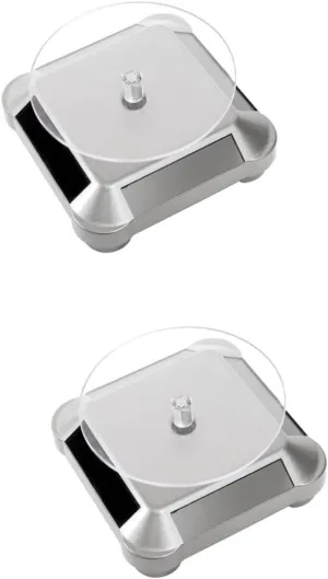 No Battery Required Easy to Assemble Lightweight and Portable Mobestech 2pcs Solar Rotating Display Stand Tray for district Jewelry Watches Mobile Phones Digital Cameras Silver Prop Stand 
