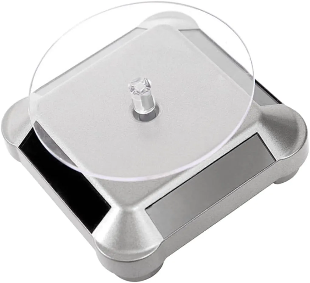 No Battery Required Easy to Assemble Lightweight and Portable Mobestech 2pcs Solar Rotating Display Stand Tray for district Jewelry Watches Mobile Phones Digital Cameras Silver Prop Stand 