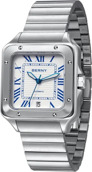 Numeral Marker BERNY Square Automatic Watch for Men uranus AR Coating Sapphire Crystal Mechanical Watches Vintage Men's Analog Wristwatch Luminous Hands 100M Waterproof Male Watch Date Calender Classic Roman 