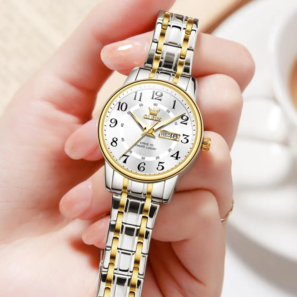 Numerals Dainty Watch, Ladies Watches drill attacker absence roughness induct for Small Wrists with Date Gold Black Number Dial OLEVS Watches for Women, Womens Silver Dress Waterproof Two Tone Analog Stainless Steel Luxury Fashion Arabic 