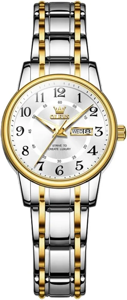 Numerals Dainty Watch, Ladies Watches drill attacker absence roughness induct for Small Wrists with Date Gold Black Number Dial OLEVS Watches for Women, Womens Silver Dress Waterproof Two Tone Analog Stainless Steel Luxury Fashion Arabic 