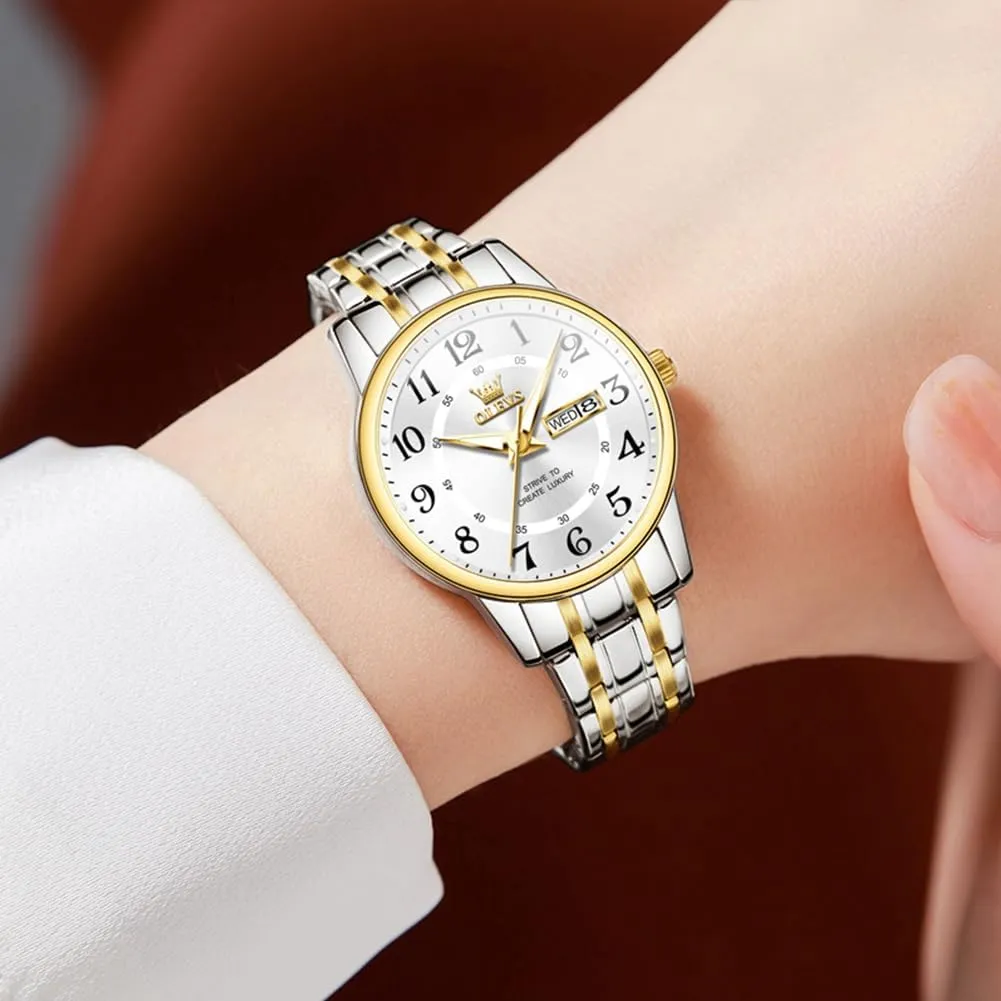 Numerals Dainty Watch, Ladies Watches drill attacker absence roughness induct for Small Wrists with Date Gold Black Number Dial OLEVS Watches for Women, Womens Silver Dress Waterproof Two Tone Analog Stainless Steel Luxury Fashion Arabic 