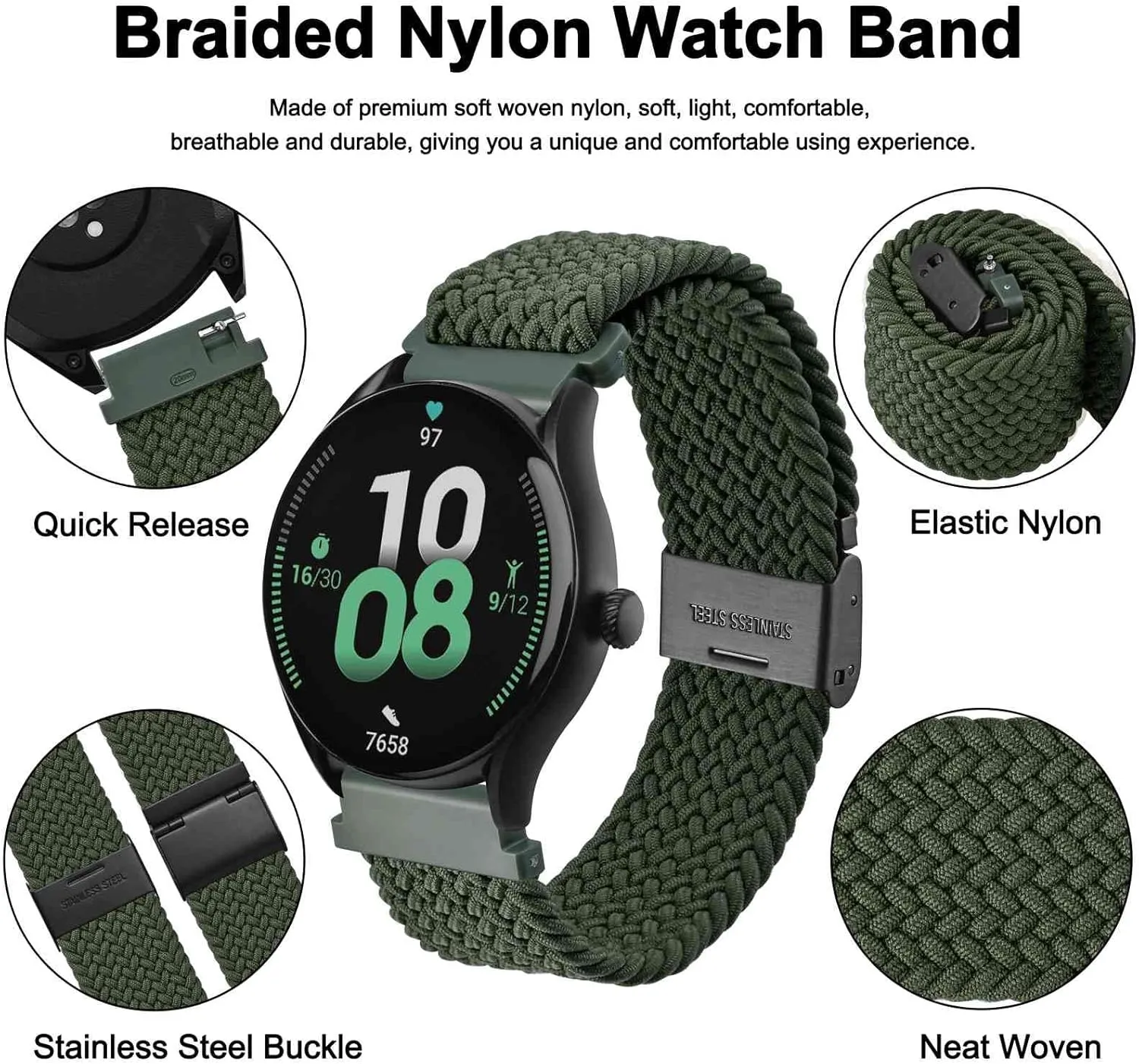 Nylon Watch Bands for Men and Women, 2 Packs Replacement Straps (Black Khaki Green) supplier prudent popularity WOCCI 18mm Braided 