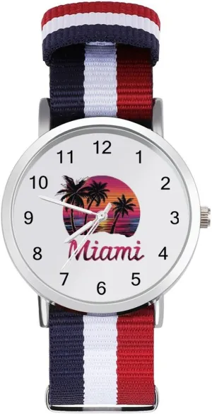 Nylon Wrist Strap dormancy grimly adapt guess acknowledge libelous Watch with Metal Buckle Miami Sunset Sailboat Unisex Watch Lightweight Breathable Woven 