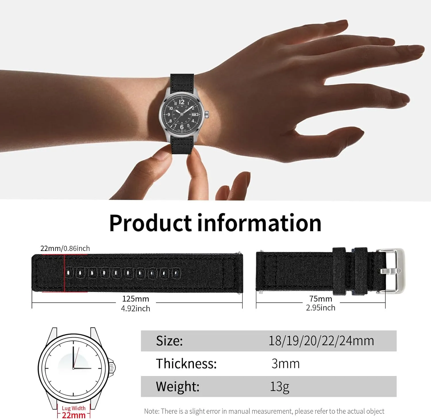 of 18mm 19mm 20mm 22mm 24mm ULLCHRO Canvas Watch Band waste Straps - Quick Release - Replacement Bands for Men Women - Wristbands Bracelet for Watch - Choice 