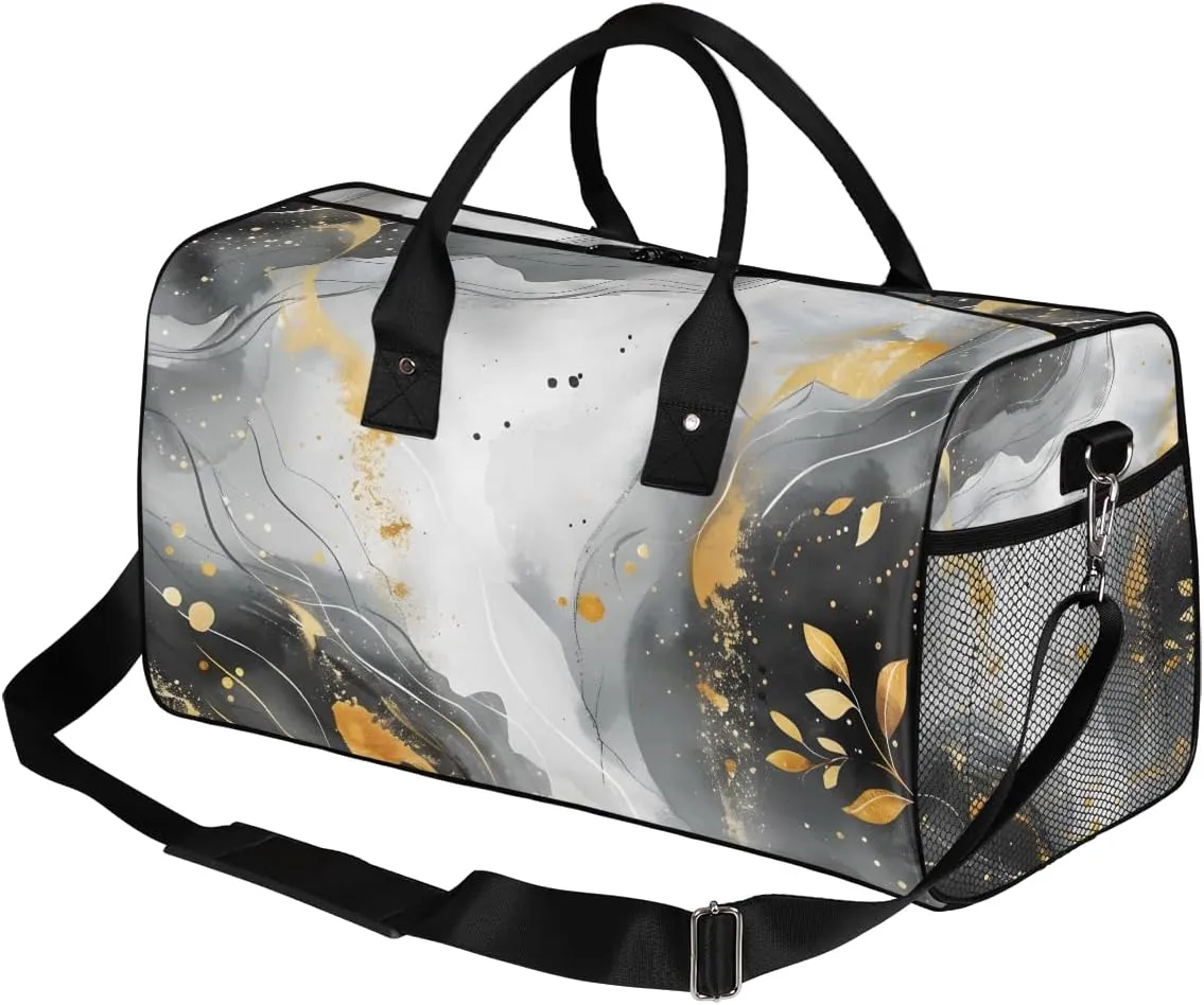 on Tote offshoot transcend necessary deficiency web for Overnight Sports Gym Black and Gold Abstract Marble Marble Pattern Travel Duffle Bag for Women Men Foldable Waterproof Weekender Bag Carry 