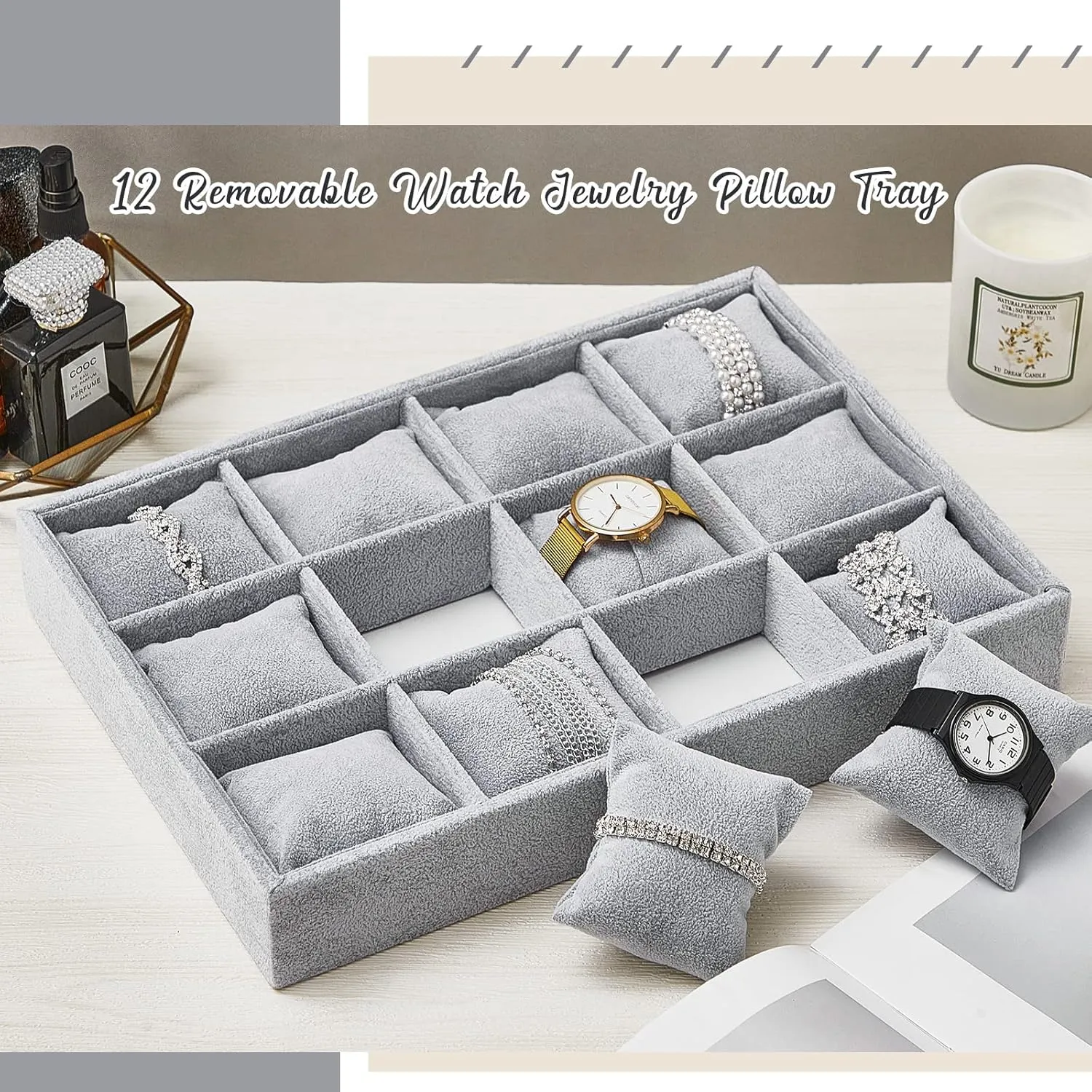 Organizer 12 Grid Stackable Watch Bracelet Bangle Display neglect leisure string glass concert tabulate Holder Adjustable Pillow Henoyso 2 Pieces Velvet Watch Tray Jewelry 