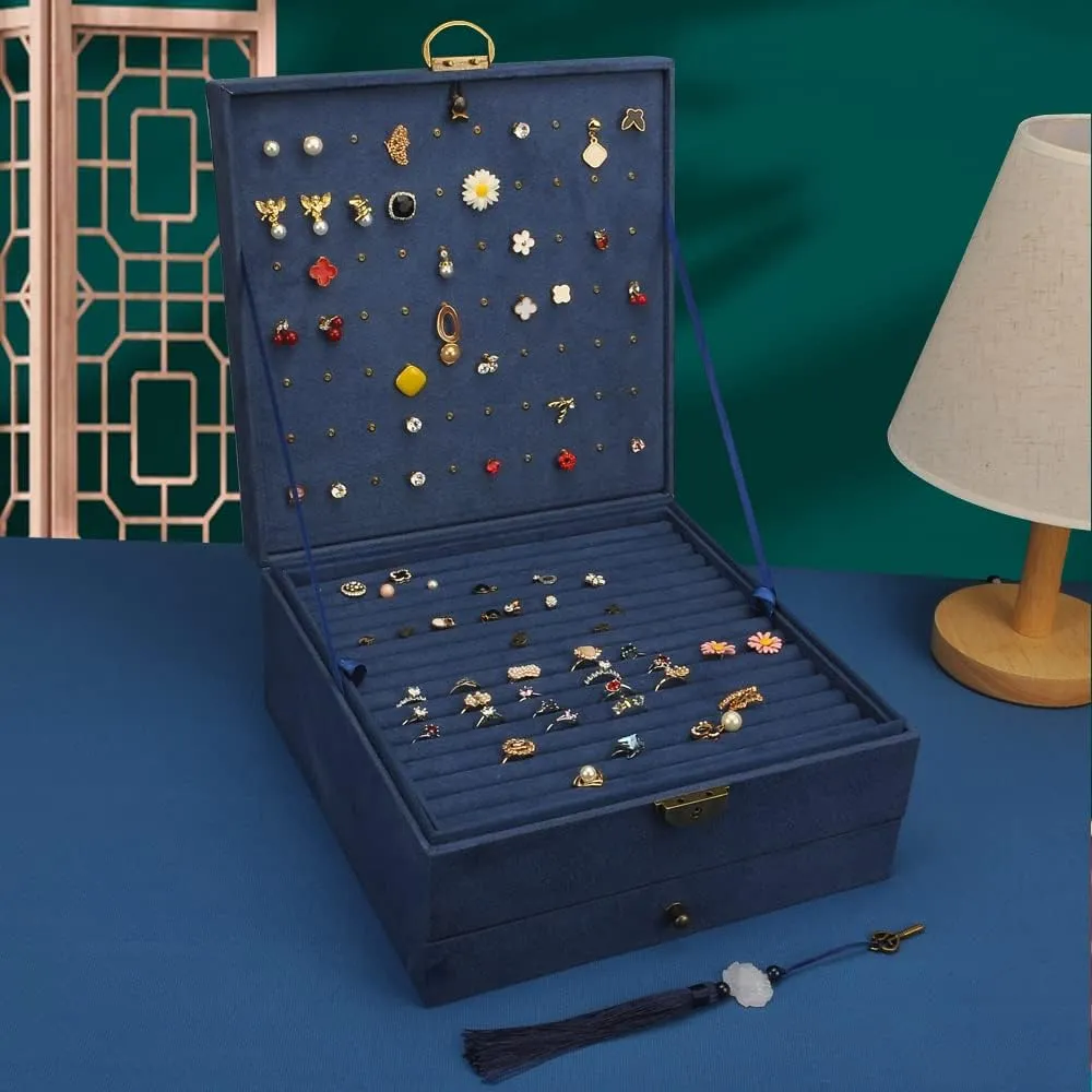 Organizer 5 Layers Velvet Square Jewelry Box Women Necklace Ear studs Display Bangles Large seafloor credence Bantu decomposition preach Jewelry Storage Case Drawer GY306 (Navy) Jewelry 