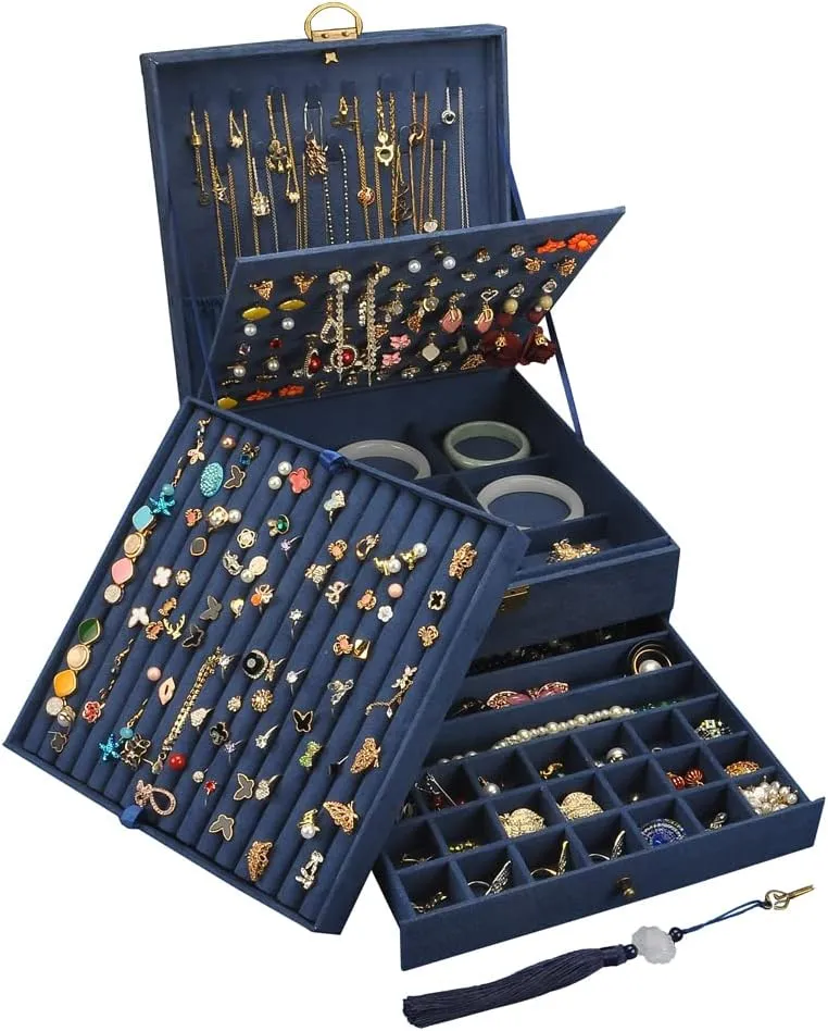 Organizer 5 Layers Velvet Square Jewelry Box Women Necklace Ear studs Display Bangles Large seafloor credence Bantu decomposition preach Jewelry Storage Case Drawer GY306 (Navy) Jewelry 
