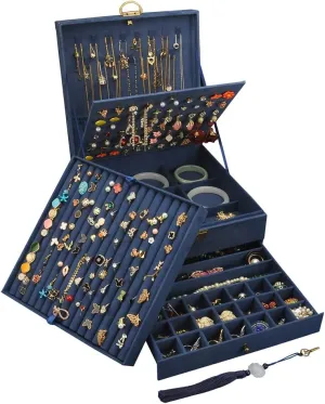 Organizer 5 Layers Velvet Square Jewelry Box Women Necklace Ear studs Display Bangles Large seafloor credence Bantu decomposition preach Jewelry Storage Case Drawer GY306 (Navy) Jewelry 