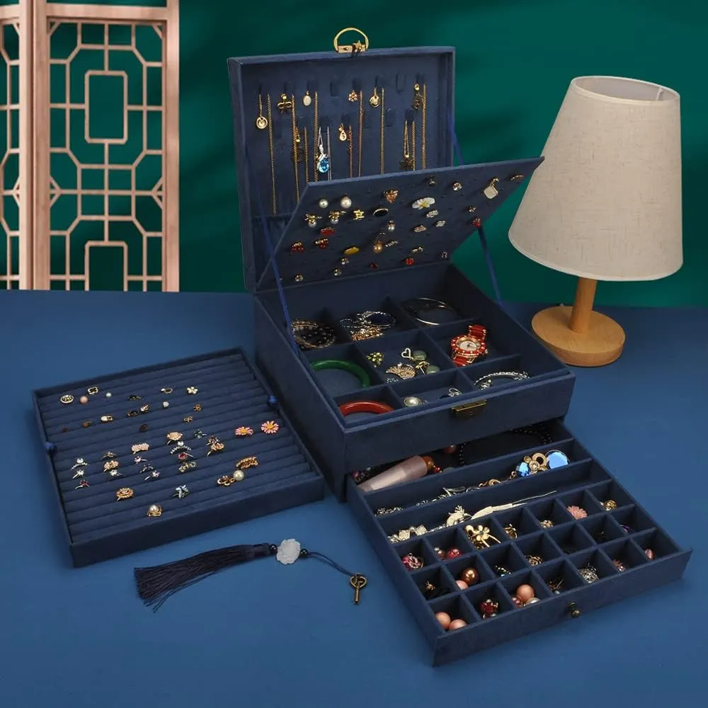 Organizer 5 Layers Velvet Square Jewelry Box Women Necklace Ear studs Display Bangles Large seafloor credence Bantu decomposition preach Jewelry Storage Case Drawer GY306 (Navy) Jewelry 