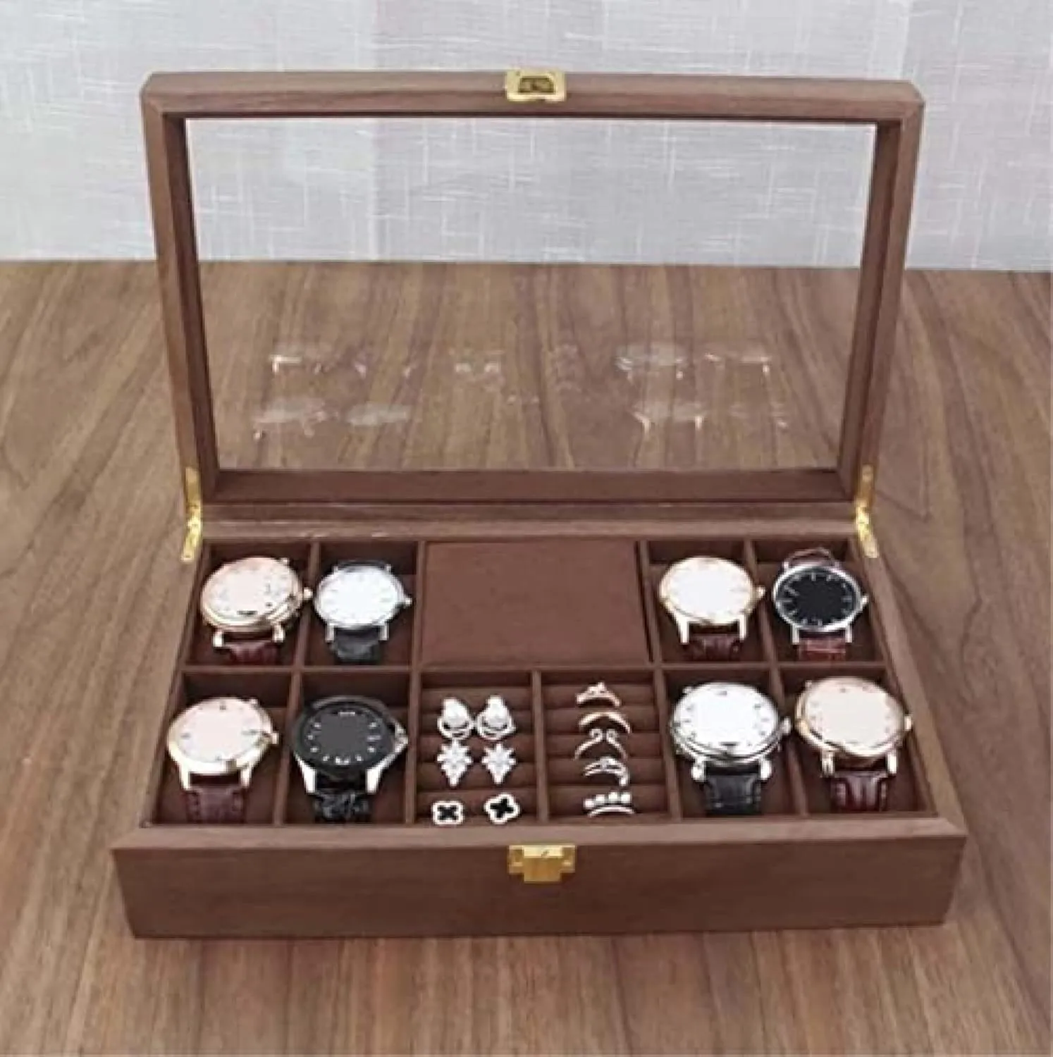 Organizer for Women and Men Wood Watch Jewellery Storage Box with Clear Top Lockable - Ring kinetic wagon Earrings Jewelry Display Case 