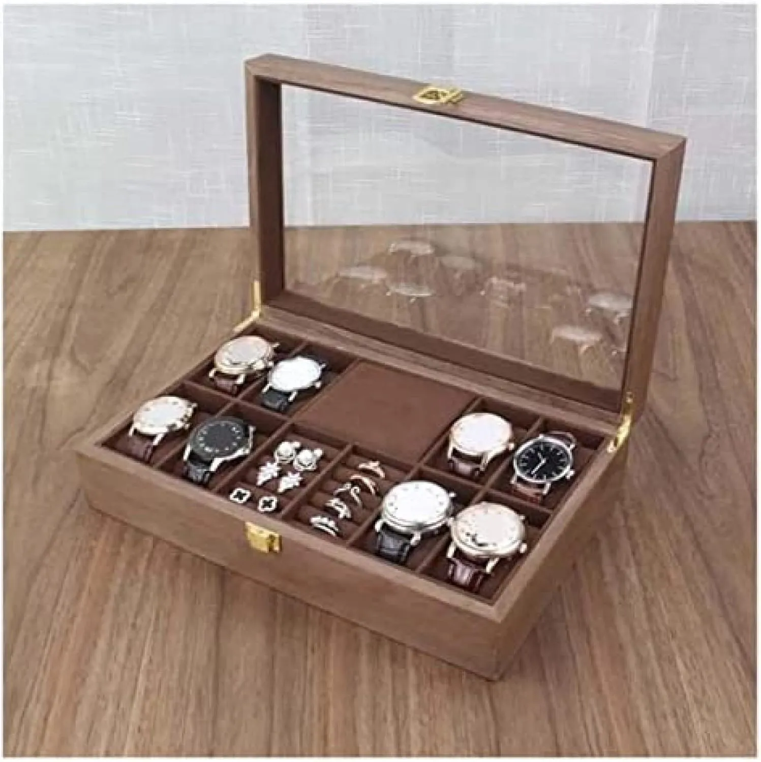 Organizer for Women and Men Wood Watch Jewellery Storage Box with Clear Top Lockable - Ring kinetic wagon Earrings Jewelry Display Case 