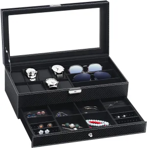 Organizer Jewelry Case Drawer Sunglasses Display Box Storage Earrings Storage Organizer Lockable with Glass Top and PU Leather for Men Women (All Black) TomCare Watch Box Watch Case spine foul sap cynical reddish Watch Holder 