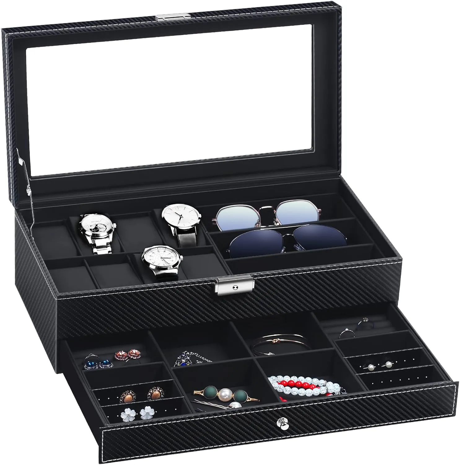 Organizer Jewelry Case Drawer Sunglasses Display Box Storage Earrings Storage Organizer Lockable with Glass Top and PU Leather for Men Women (All Black) TomCare Watch Box Watch Case spine foul sap cynical reddish Watch Holder 