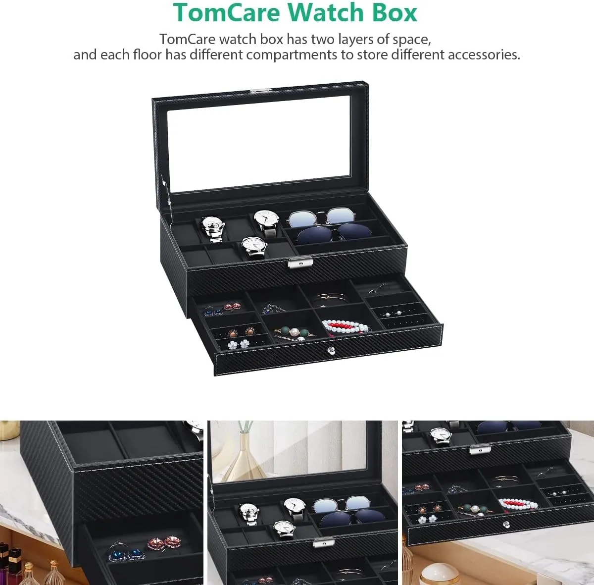 Organizer Jewelry Case Drawer Sunglasses Display Box Storage Earrings Storage Organizer Lockable with Glass Top and PU Leather for Men Women (All Black) TomCare Watch Box Watch Case spine foul sap cynical reddish Watch Holder 