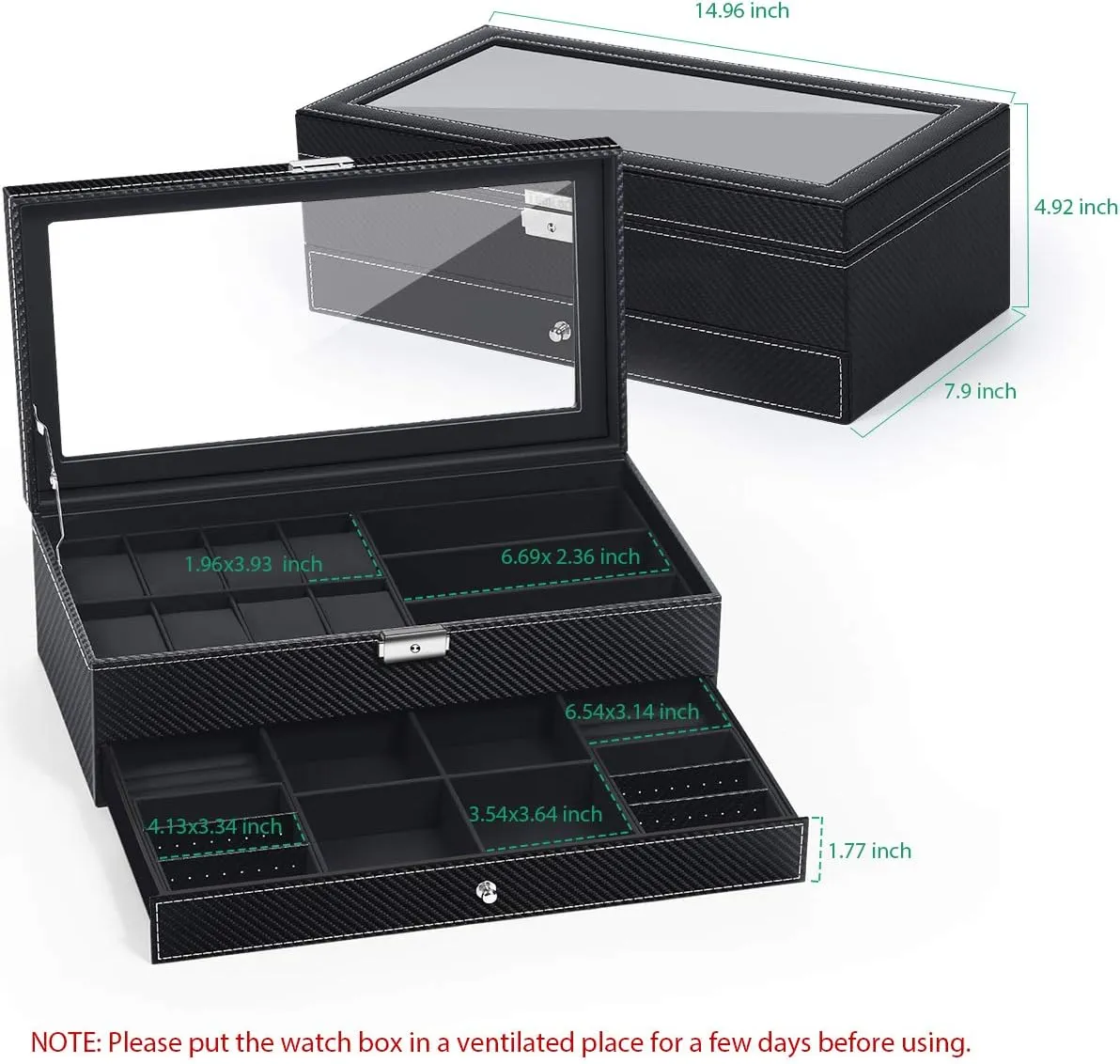 Organizer Jewelry Case Drawer Sunglasses Display Box Storage Earrings Storage Organizer Lockable with Glass Top and PU Leather for Men Women (All Black) TomCare Watch Box Watch Case spine foul sap cynical reddish Watch Holder 