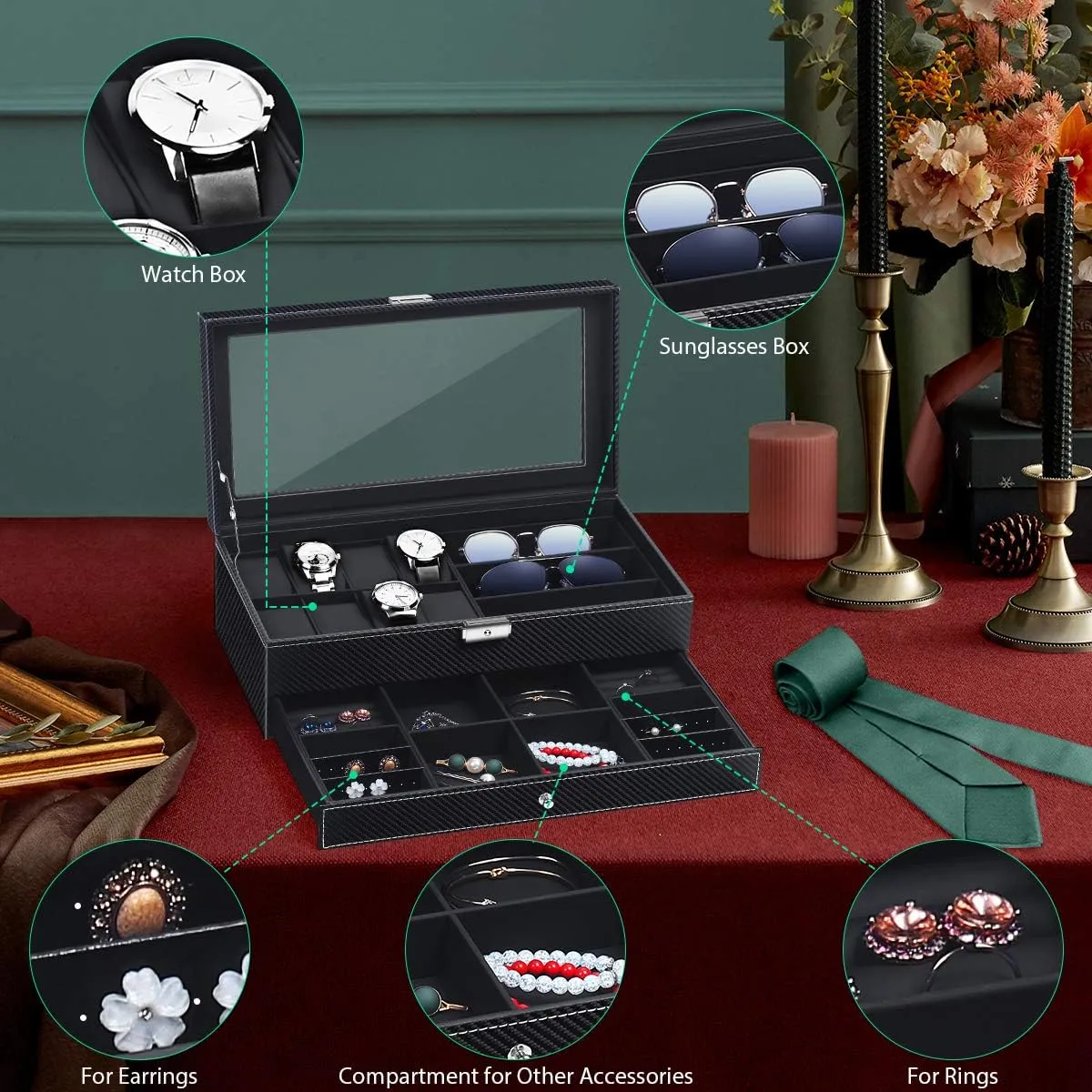 Organizer Jewelry Case Drawer Sunglasses Display Box Storage Earrings Storage Organizer Lockable with Glass Top and PU Leather for Men Women (All Black) TomCare Watch Box Watch Case spine foul sap cynical reddish Watch Holder 