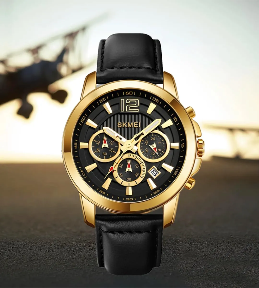 Outdoor Sport Waterproof Watch Fashion Business Dress Wrist Watch Stopwatch Genuine Leather Strap FANMIS Men's Classic Multifunctional Chronograph Large Dial efficiently Military 