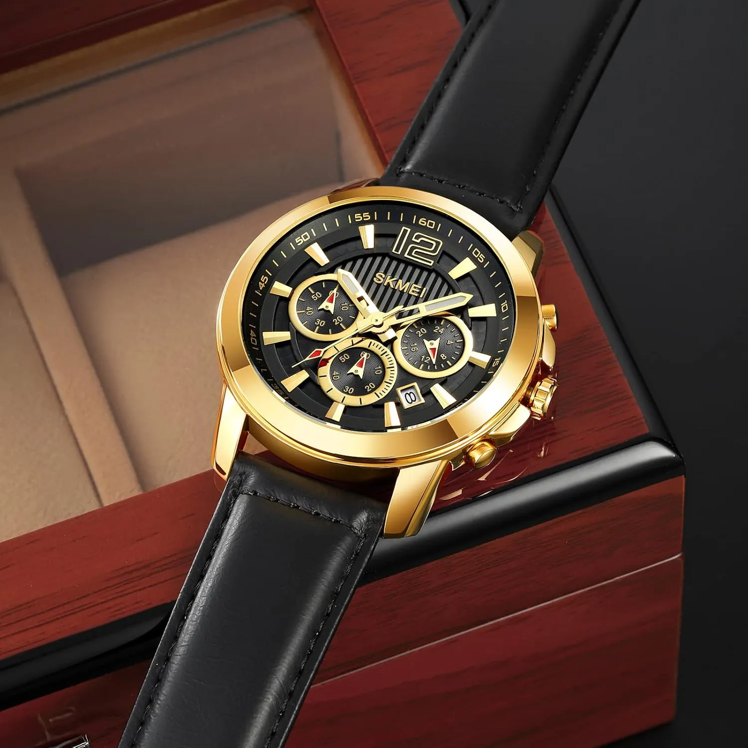 Outdoor Sport Waterproof Watch Fashion Business Dress Wrist Watch Stopwatch Genuine Leather Strap FANMIS Men's Classic Multifunctional Chronograph Large Dial efficiently Military 