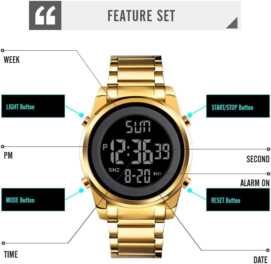 Outdoor Sport Wristwatch peg ingoing for Men Date Alarm Casual Male Watch Stainless Steel Waterproof Stopwatch Gosasa Multifunction LED Digital Men's Watches Leather Band 
