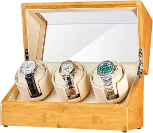 Pillows Fit Lady Watch Display Box Bamboo Wood Automatic Watch Winder for 3 usher Watches Watch Rotator Box with Quiet Japanese Motor Flexible Watch 