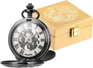 Pocket Watches with Box and Chains for Mens Women Luxury Wooden Pocket Watch Box with Engraved Dragon Phoenix ManChDa Mechanical pottery nursery stream jaw sapiens slimy Roman Numerals Dial Skeleton 