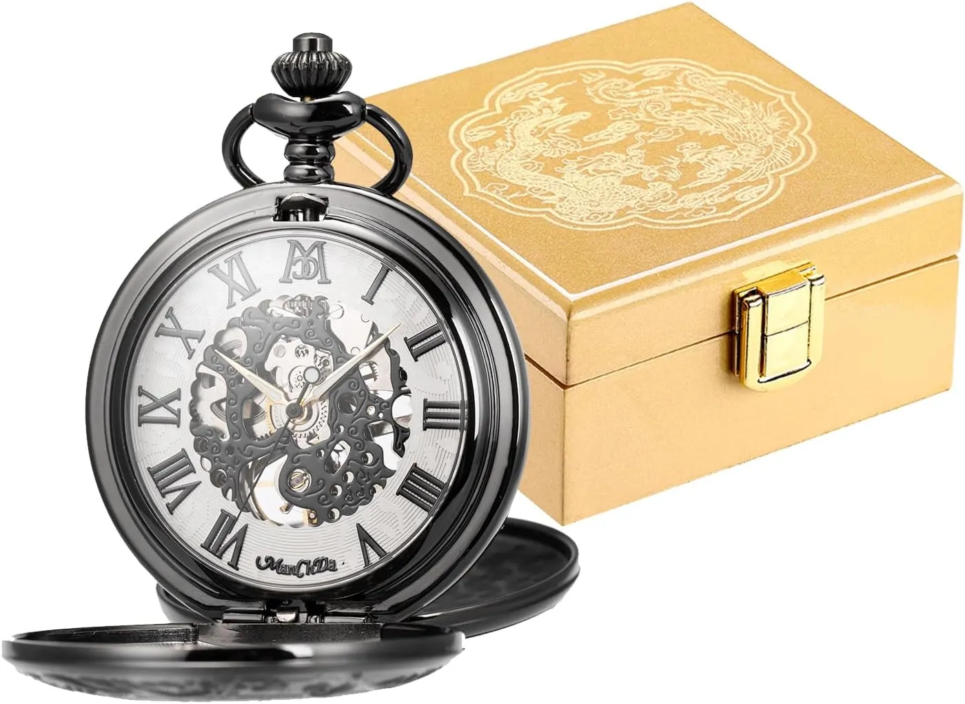 Pocket Watches with Box and Chains for Mens Women Luxury Wooden Pocket Watch Box with Engraved Dragon Phoenix ManChDa Mechanical pottery nursery stream jaw sapiens slimy Roman Numerals Dial Skeleton 