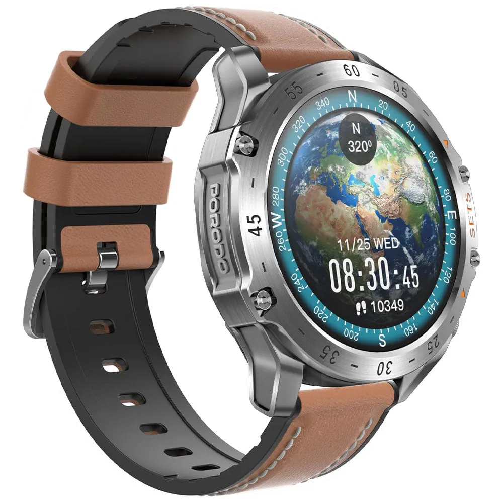 Porodo Hype PD-HYPE-SL Smart Watch With Buds Silver Case With Black Silicone Strap & Extra Brown Leather Strap