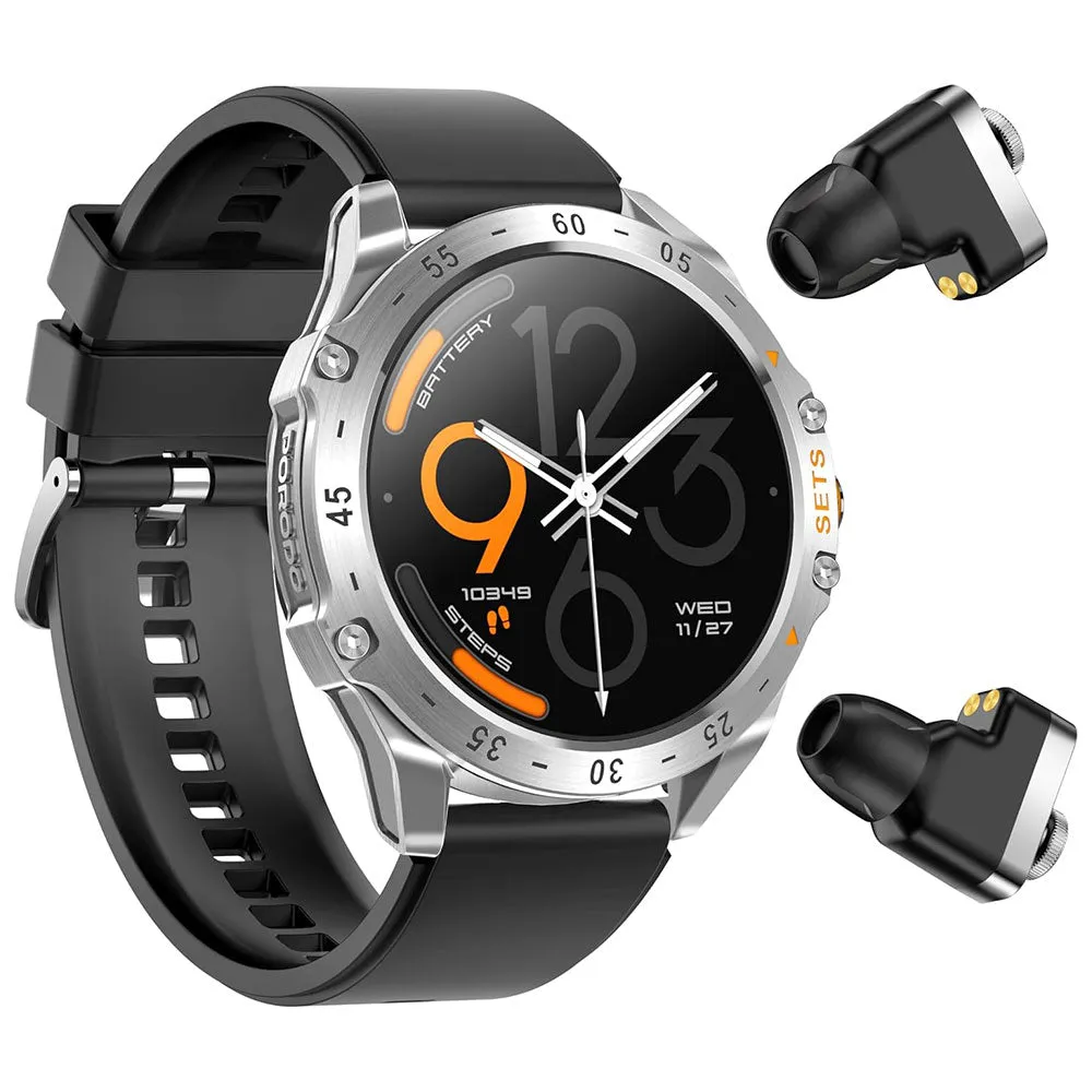 Porodo Hype PD-HYPE-SL Smart Watch With Buds Silver Case With Black Silicone Strap & Extra Brown Leather Strap