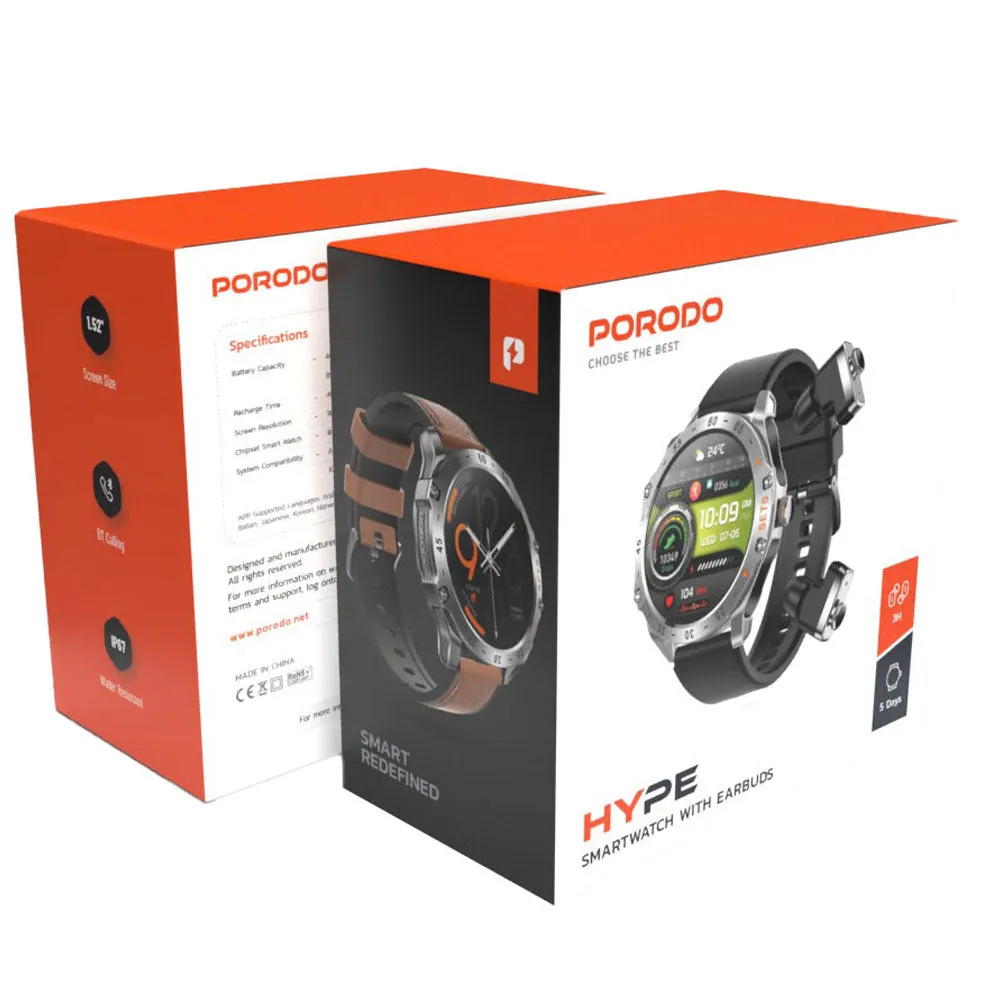 Porodo Hype PD-HYPE-SL Smart Watch With Buds Silver Case With Black Silicone Strap & Extra Brown Leather Strap