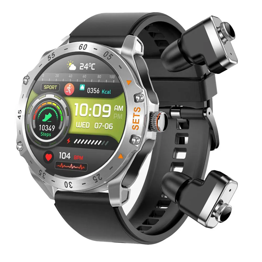 Porodo Hype PD-HYPE-SL Smart Watch With Buds Silver Case With Black Silicone Strap & Extra Brown Leather Strap