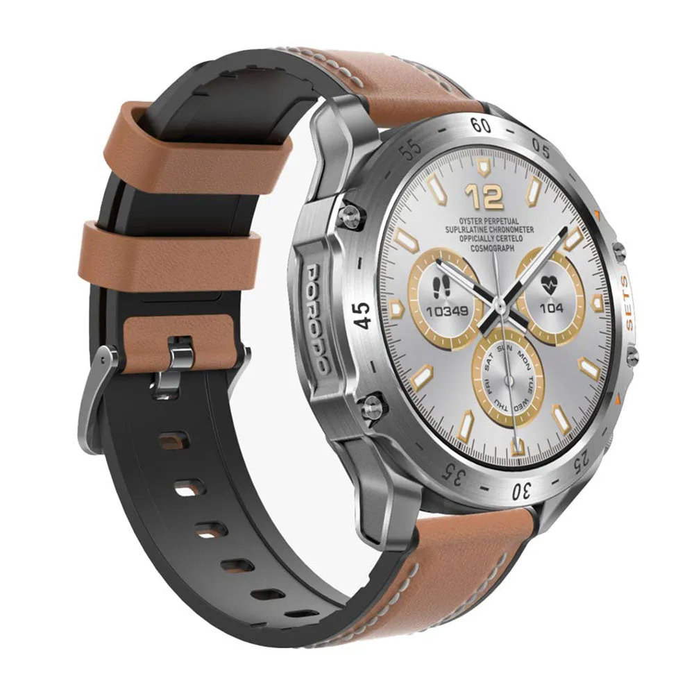 Porodo Hype PD-HYPE-SL Smart Watch With Buds Silver Case With Black Silicone Strap & Extra Brown Leather Strap