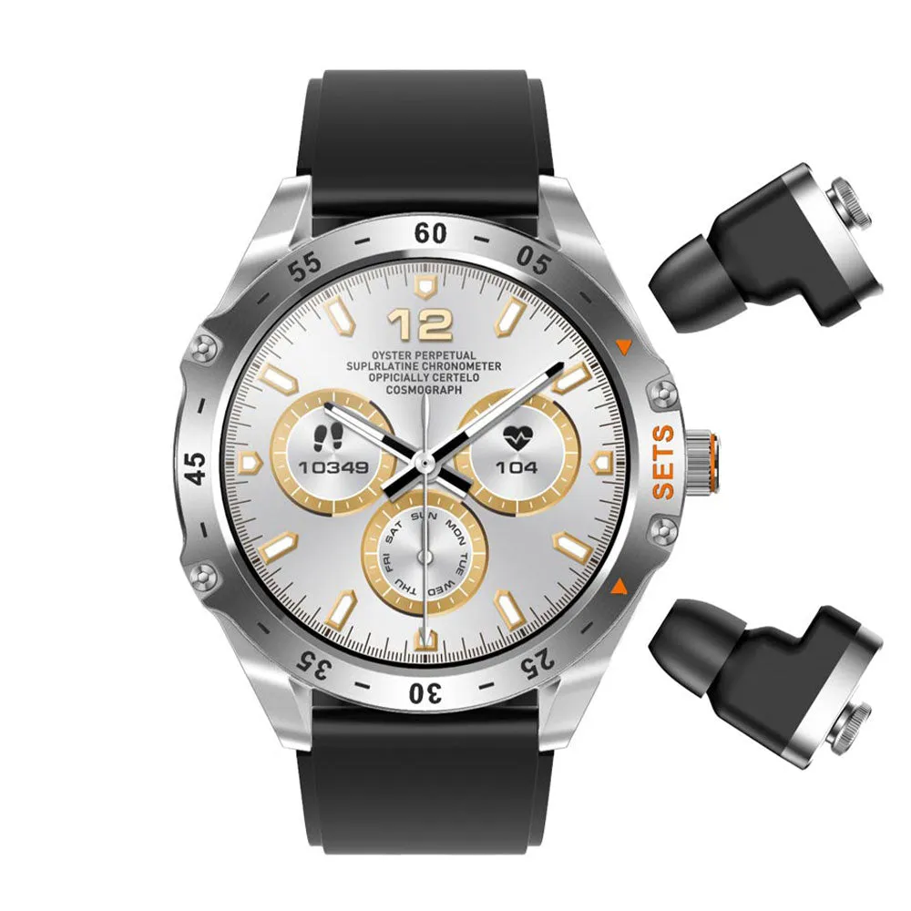 Porodo Hype PD-HYPE-SL Smart Watch With Buds Silver Case With Black Silicone Strap & Extra Brown Leather Strap